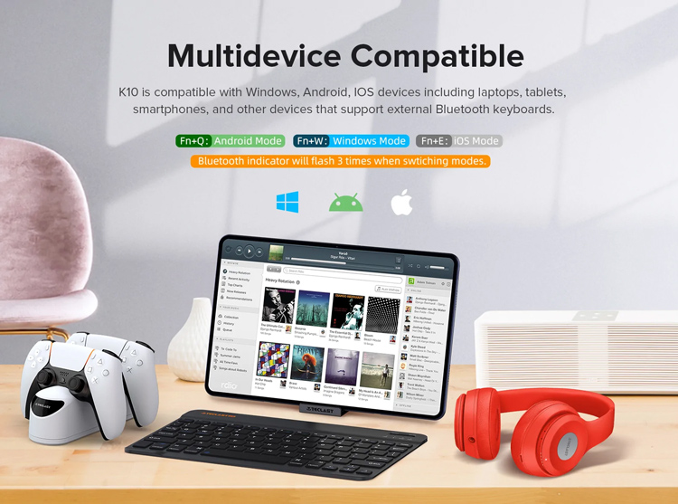 HB-030-1 TECLAST ασύρματο πληκτρολόγιο K10, Bluetooth, 25x15cm, μαύρο - Image 1